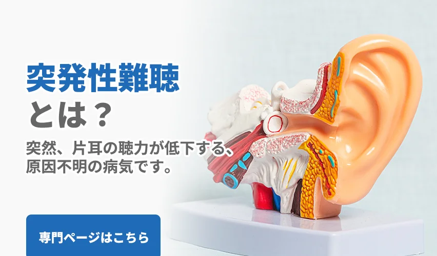 什么是突发性耳聋？｜这是一种某天突然单耳听力下降的原因不明的疾病。虽然会尽早进行类固醇治疗等，但也可能无法获得充分效果。本院通过结合改善耳朵血流和调节神经功能的针灸治疗、激发自然治愈力的疗法，以及利用声音的康复训练，致力于帮助众多患者恢复听力并减轻耳鸣和耳闭感。