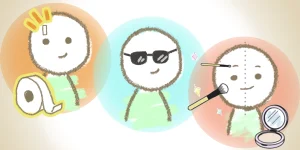 日常的にできる工夫例とメイクアップセラピーをする人のイラスト