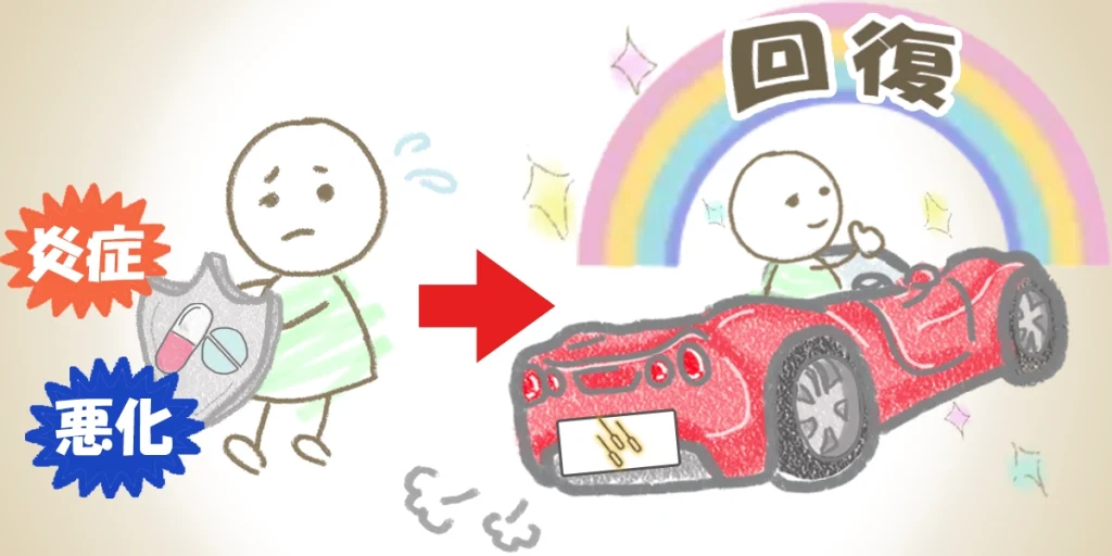 炎症・悪化はお薬の盾で防ぎ、その後は鍼治療で回復を高める様子のイラスト